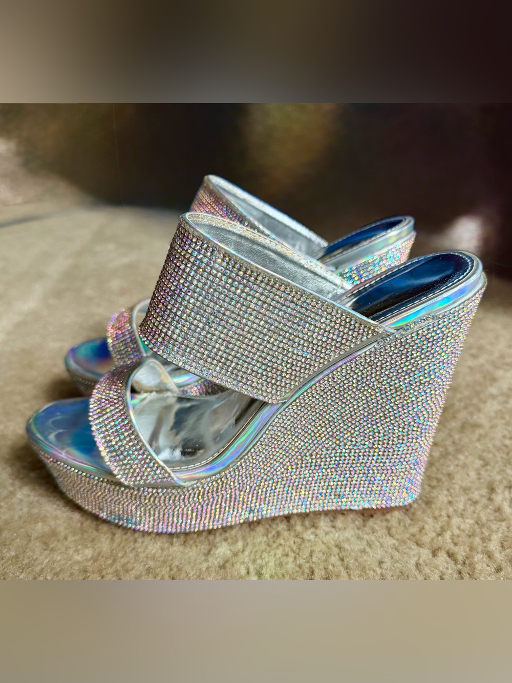 Akira Sparkle Silver Rhinestone Wedge Sandals - Women 9